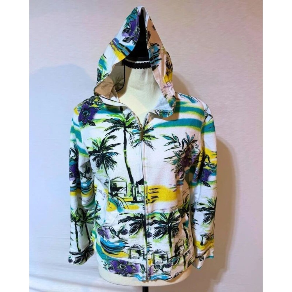 Onque Casuals Tropical Palm Print Hooded Zip Jacket Size S Beac